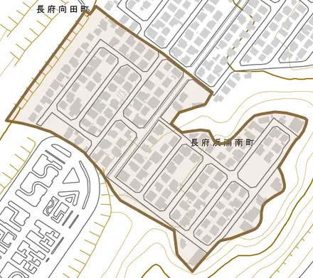 長府浜浦南町とその周辺の地図。町の範囲を重ねている
