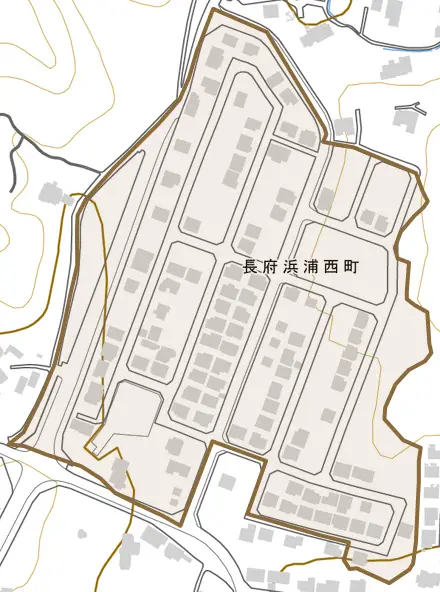長府浜浦西町とその周辺の地図。町の範囲を重ねている