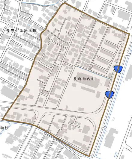 長府印内町とその周辺の地図。町の範囲を重ねている