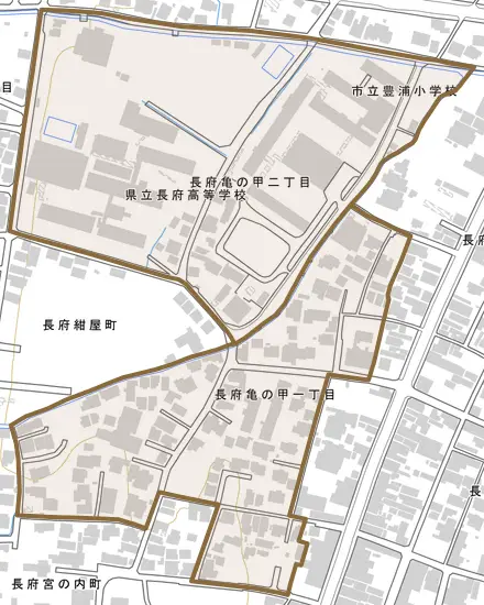 長府亀の甲とその周辺の地図。町の範囲を重ねている