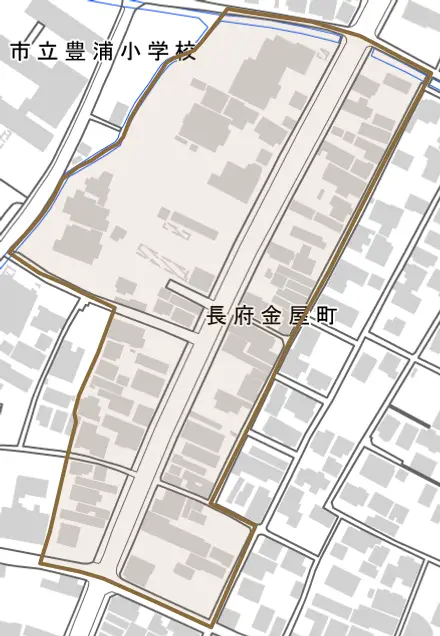 長府金屋町とその周辺の地図。町の範囲を重ねている