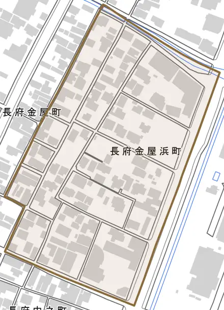 長府金屋浜町とその周辺の地図。町の範囲を重ねている