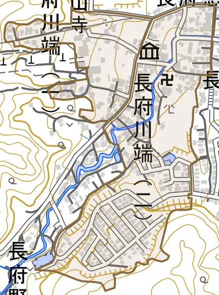 長府川端とその周辺の地図。町の範囲を重ねている