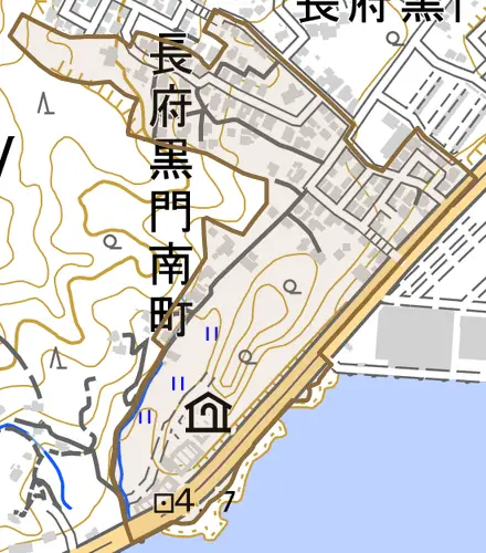 長府黒門南町とその周辺の地図。町の範囲を重ねている