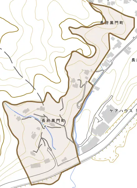 長府黒門町とその周辺の地図。町の範囲を重ねている