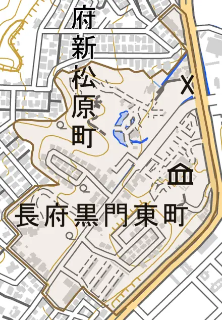 長府黒門東町とその周辺の地図。町の範囲を重ねている