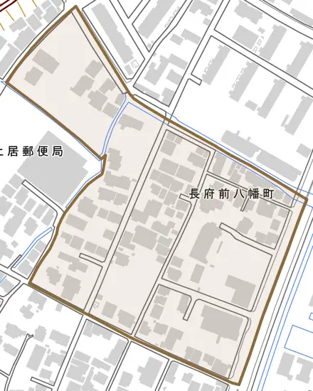 長府前八幡町とその周辺の地図。町の範囲を重ねている