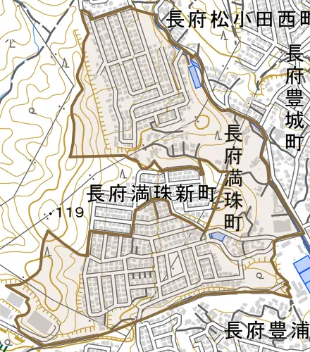 長府満珠町とその周辺の地図。町の範囲を重ねている