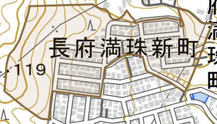 長府満珠新町とその周辺の地図。町の範囲を重ねている