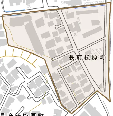 長府松原町とその周辺の地図。町の範囲を重ねている