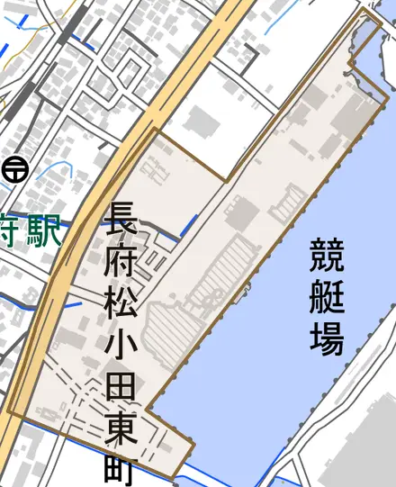 長府松小田東町とその周辺の地図。町の範囲を重ねている