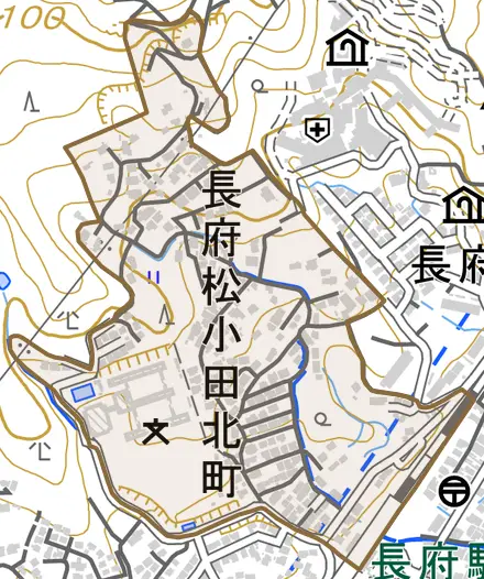 長府松小田北町とその周辺の地図。町の範囲を重ねている