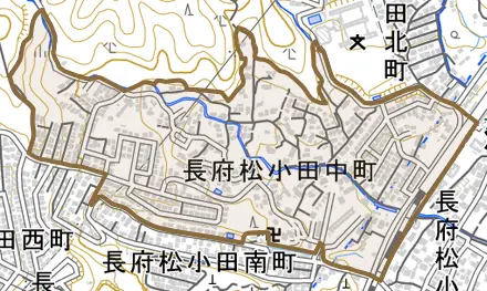 長府松小田中町とその周辺の地図。町の範囲を重ねている