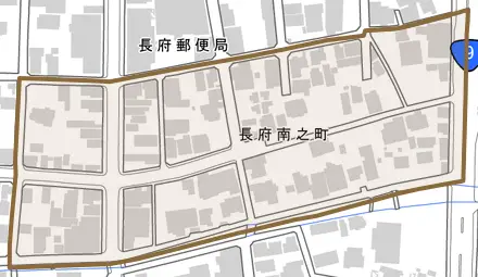 長府南之町とその周辺の地図。町の範囲を重ねている