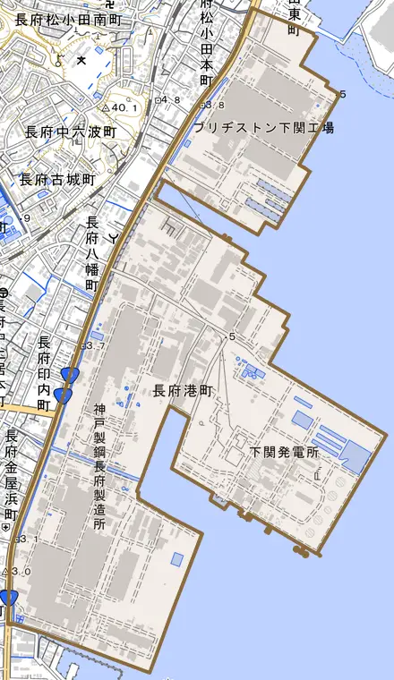 長府港町とその周辺の地図。町の範囲を重ねている