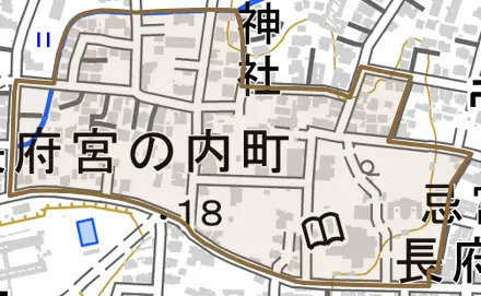 長府宮の内町とその周辺の地図。町の範囲を重ねている