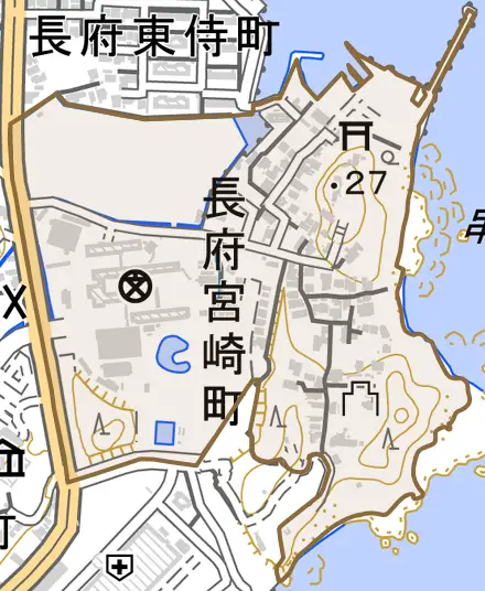 長府宮崎町とその周辺の地図。町の範囲を重ねている