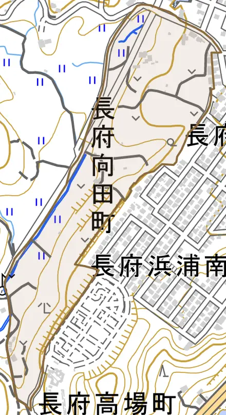 長府向田町とその周辺の地図。町の範囲を重ねている