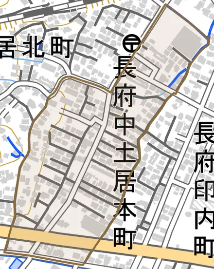 長府中土居本町とその周辺の地図。町の範囲を重ねている