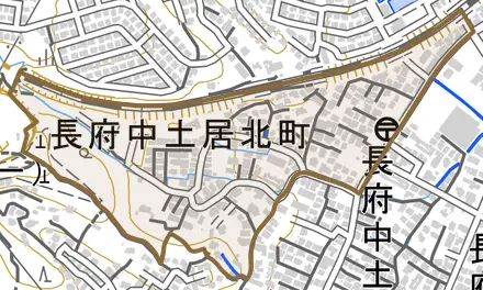 長府中土居北町とその周辺の地図。町の範囲を重ねている