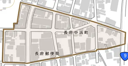 長府中浜町とその周辺の地図。町の範囲を重ねている