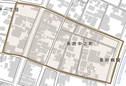 長府中之町とその周辺の地図。町の範囲を重ねている