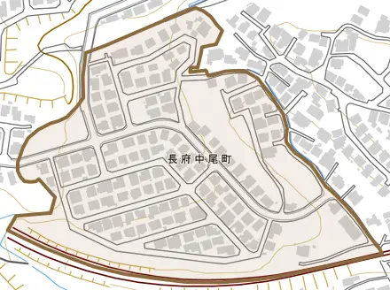 長府中尾町とその周辺の地図。町の範囲を重ねている