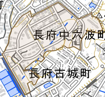 長府中六波町とその周辺の地図。町の範囲を重ねている
