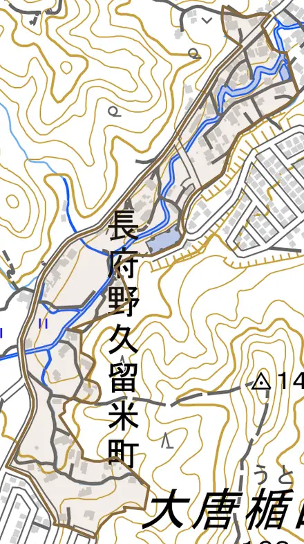 長府野久留米町とその周辺の地図。町の範囲を重ねている