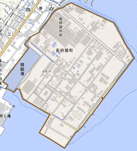 長府扇町とその周辺の地図。町の範囲を重ねている