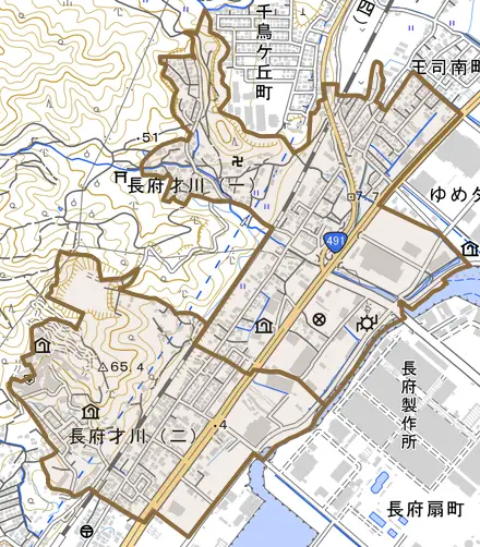 長府才川とその周辺の地図。町の範囲を重ねている