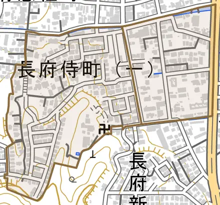 長府侍町とその周辺の地図。町の範囲を重ねている