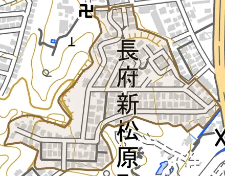 長府新松原町とその周辺の地図。町の範囲を重ねている