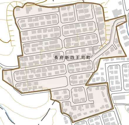 長府新四王司町とその周辺の地図。町の範囲を重ねている