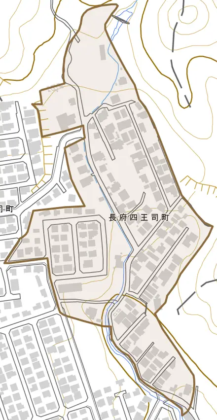 長府四王司町とその周辺の地図。町の範囲を重ねている