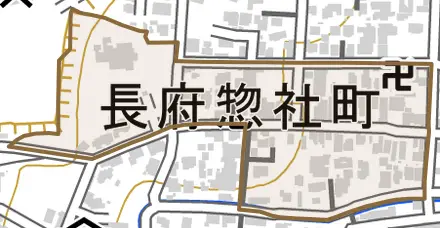 長府惣社町とその周辺の地図。町の範囲を重ねている