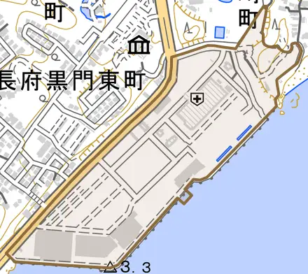 長府外浦町とその周辺の地図。町の範囲を重ねている