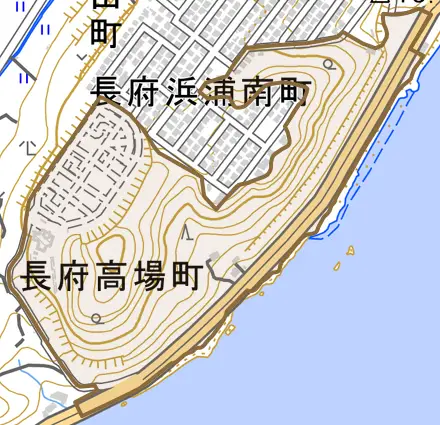 長府高場町とその周辺の地図。町の範囲を重ねている