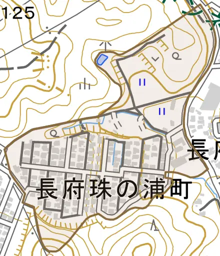 長府珠の浦町とその周辺の地図。町の範囲を重ねている