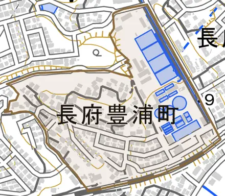 長府豊浦町とその周辺の地図。町の範囲を重ねている