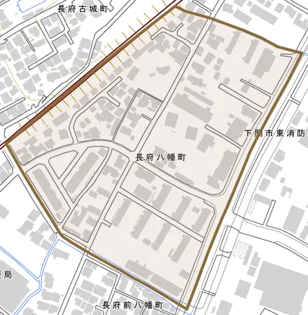 長府八幡町とその周辺の地図。町の範囲を重ねている