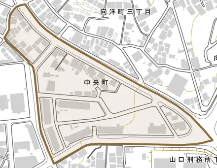 中央町とその周辺の地図。町の範囲を重ねている