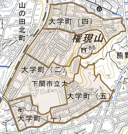 大学町とその周辺の地図。町の範囲を重ねている