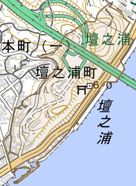 壇之浦町とその周辺の地図。町の範囲を重ねている