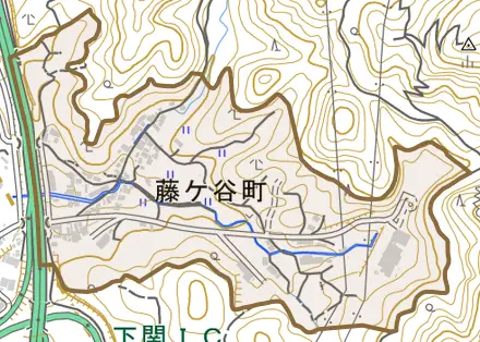 藤ケ谷町とその周辺の地図。町の範囲を重ねている