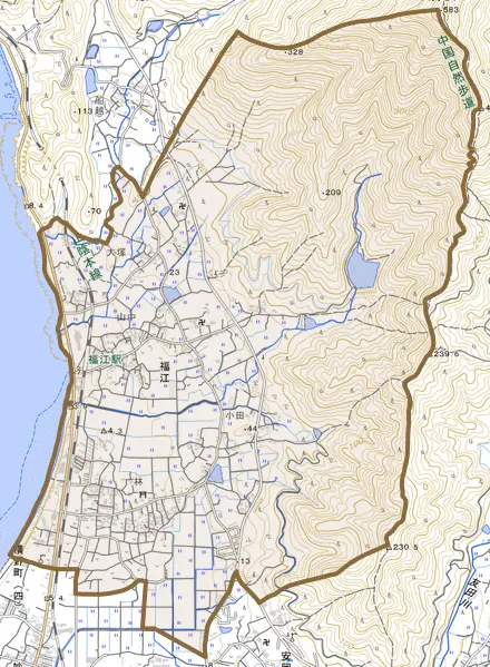 大字福江とその周辺の地図。町の範囲を重ねている