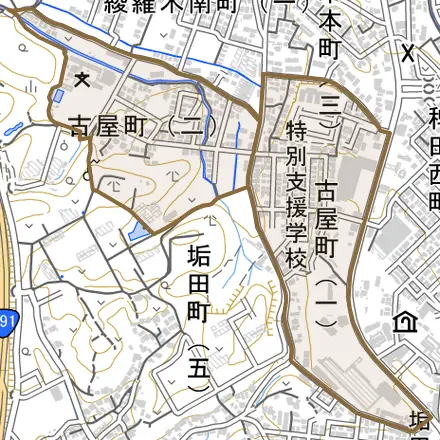 古屋町とその周辺の地図。町の範囲を重ねている