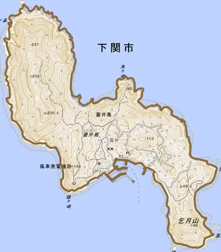 大字蓋井島とその周辺の地図。町の範囲を重ねている