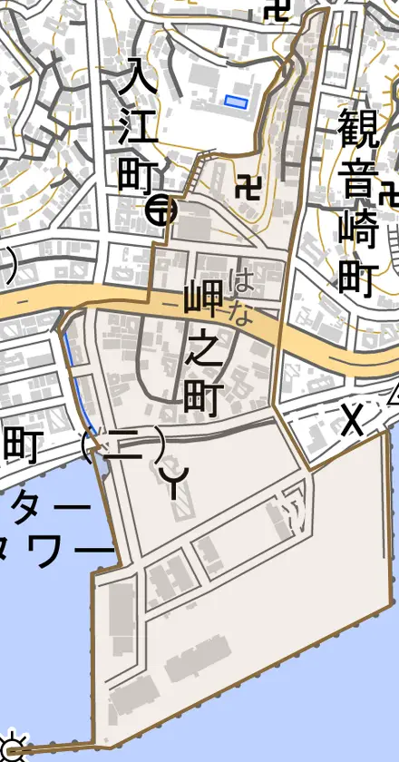 岬之町とその周辺の地図。町の範囲を重ねている