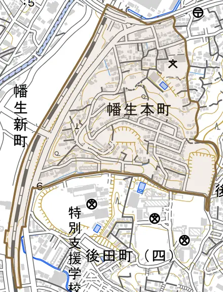幡生本町とその周辺の地図。町の範囲を重ねている
